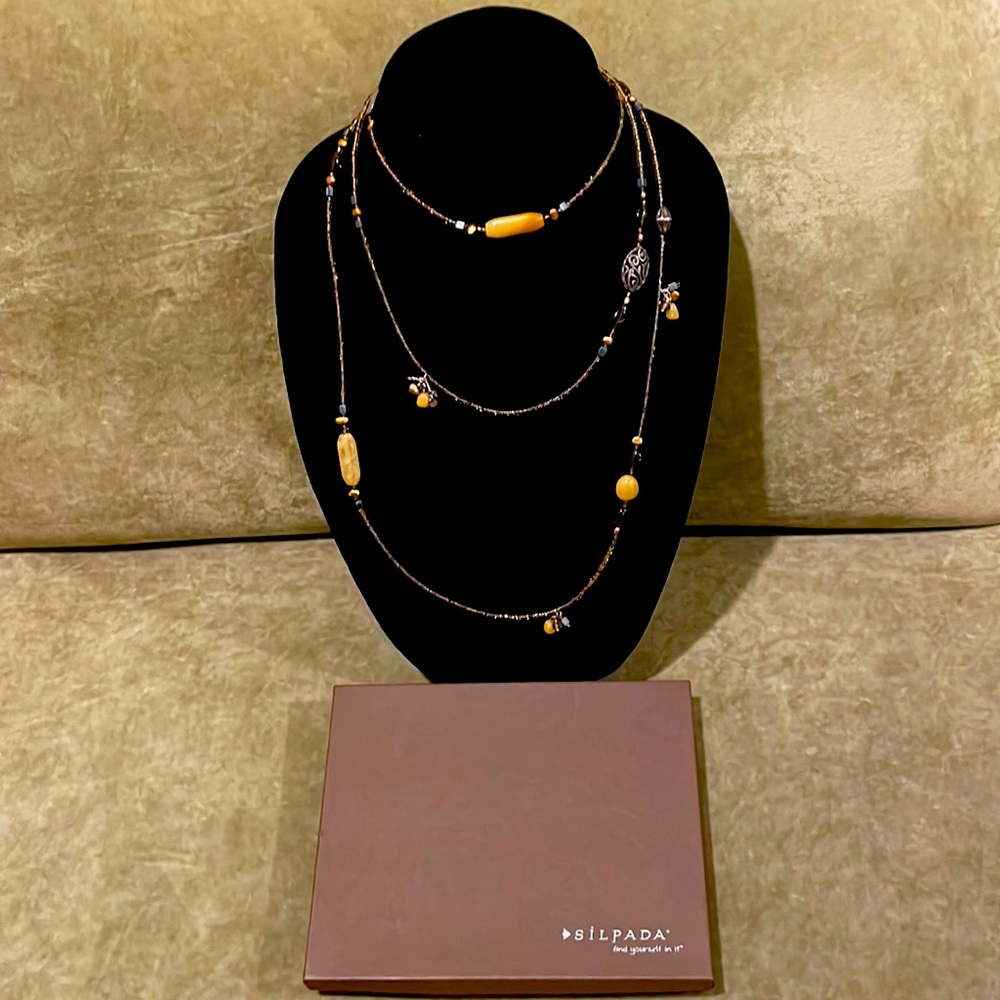 Silpada 60” Brass Topaz Multi Glass Beads Copper sterling Silver Necklace w Box